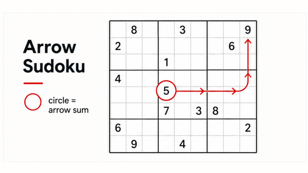 Arrow Sudoku rule diagram showing a circled digit and arrow path on a Sudoku grid