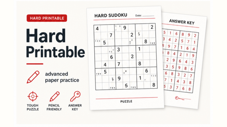 Hard Sudoku printable worksheet with candidate notes and answer key