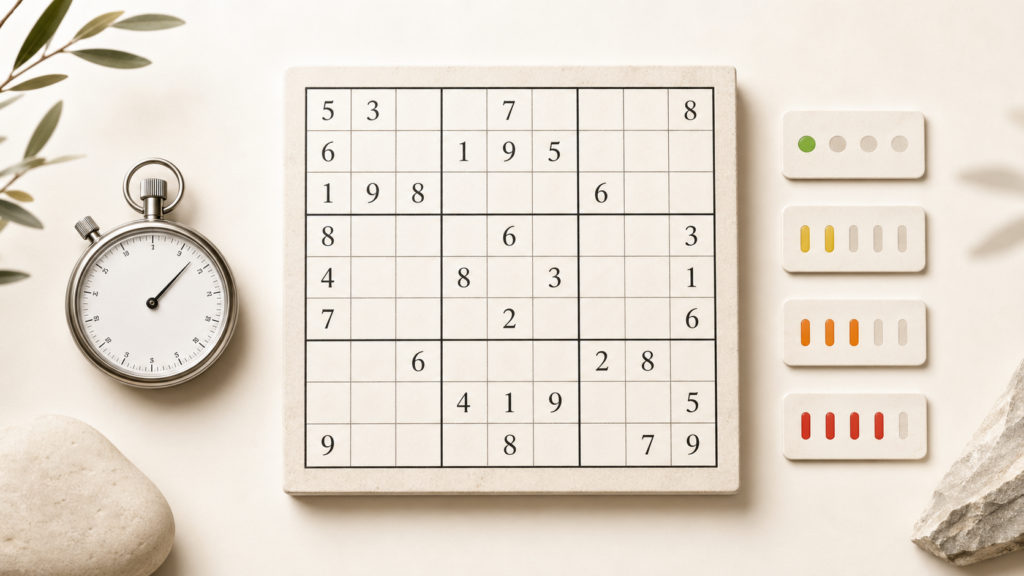 Sudoku board with stopwatch and abstract difficulty indicators