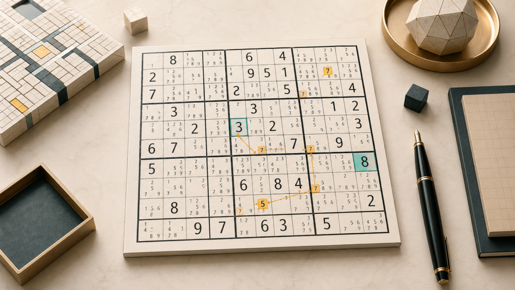 Challenging Sudoku board with dense pencil marks and highlighted strategy moves