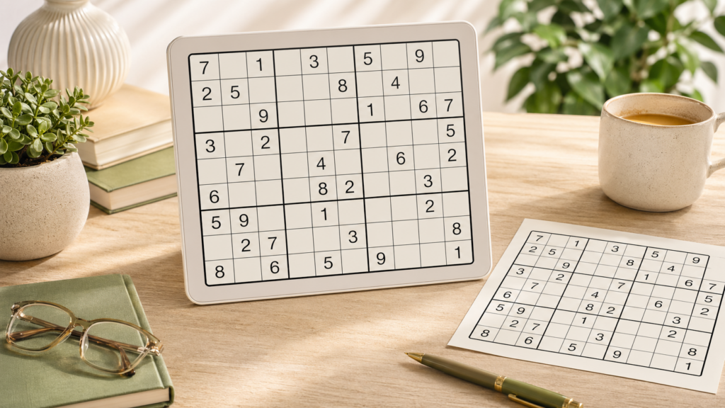 Large Sudoku board on a tablet with a printable puzzle sheet on a warm desk