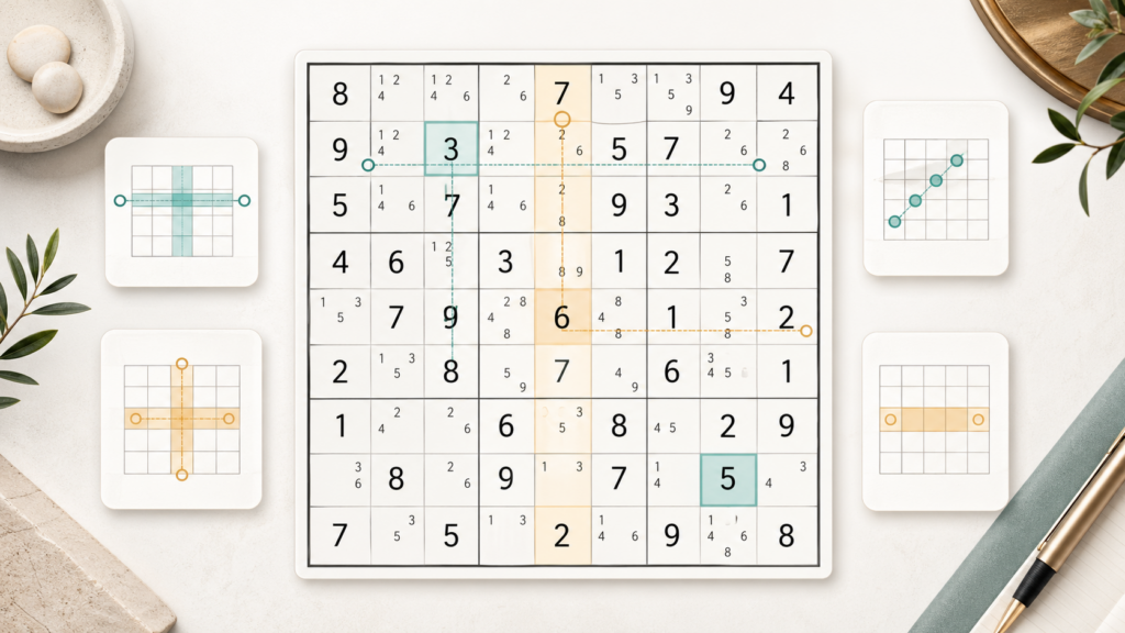 Sudoku strategy board with pencil marks and highlighted solving paths
