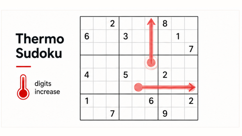 Thermo Sudoku rule diagram showing thermometer clues increasing from bulb to tip on a Sudoku grid