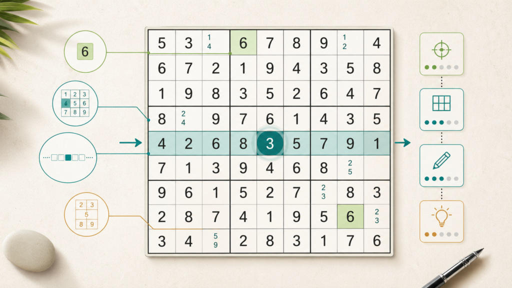 Sudoku board with highlighted solving hints and abstract tip markers