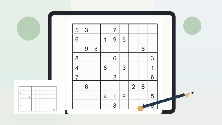 A clean online Sudoku board beside a printable Sudoku worksheet and pencil