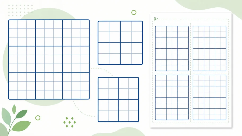 Blank Sudoku grid printable preview showing 9x9, 6x6, 4x4, and four-per-page layouts.