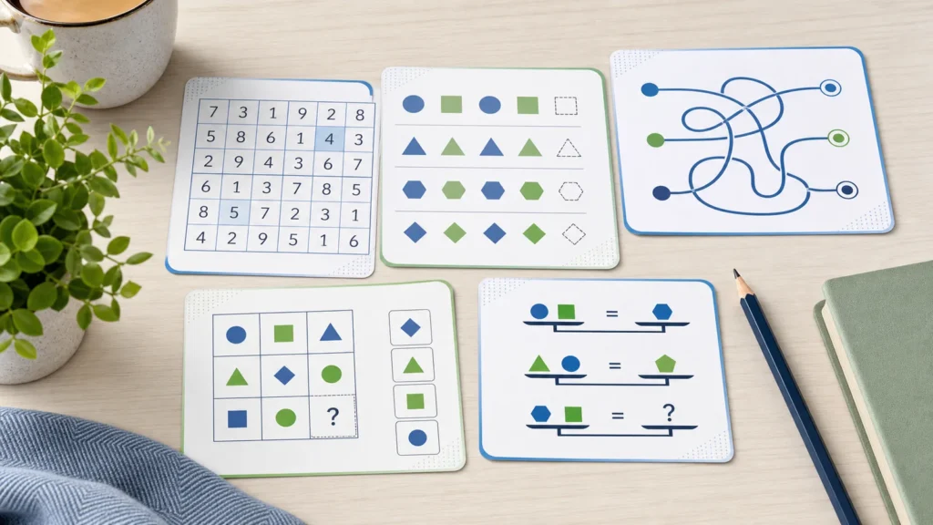 Puzzle and brain teaser cards for adults arranged on a clean desk.