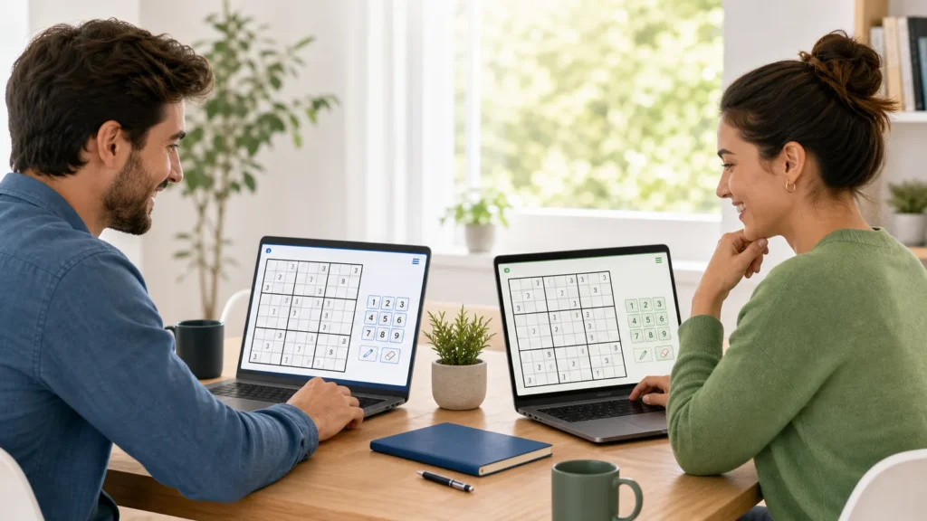 Two people playing daily Sudoku together online on a shared puzzle board.