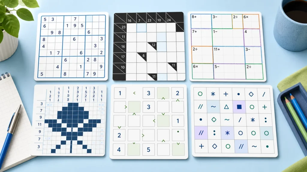 A collection of logic puzzle boards for games like Sudoku.