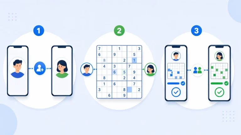 Visual steps for inviting a friend, solving a daily Sudoku puzzle, and comparing progress.